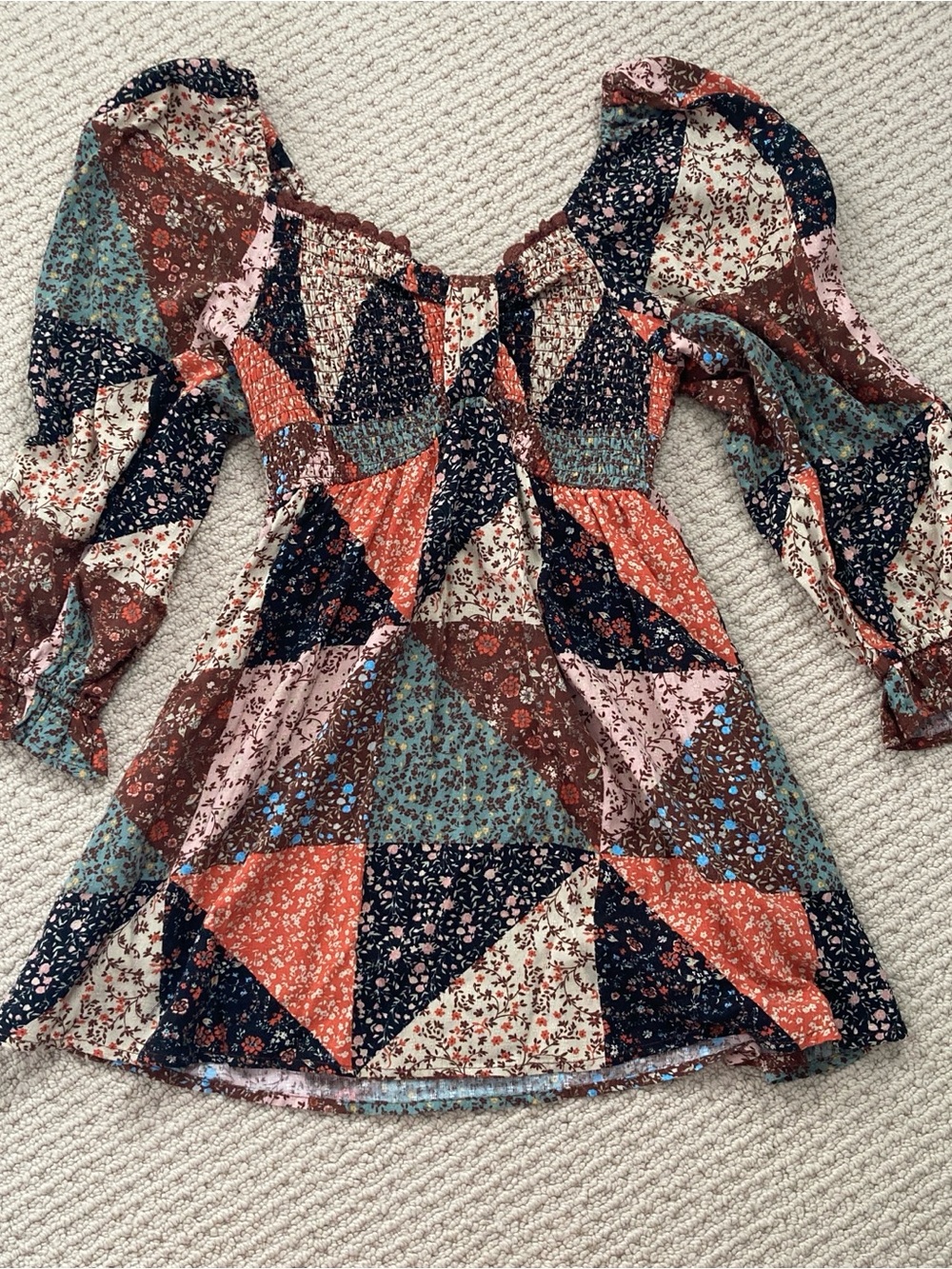 SO patchwork babydoll top with bell sleeves